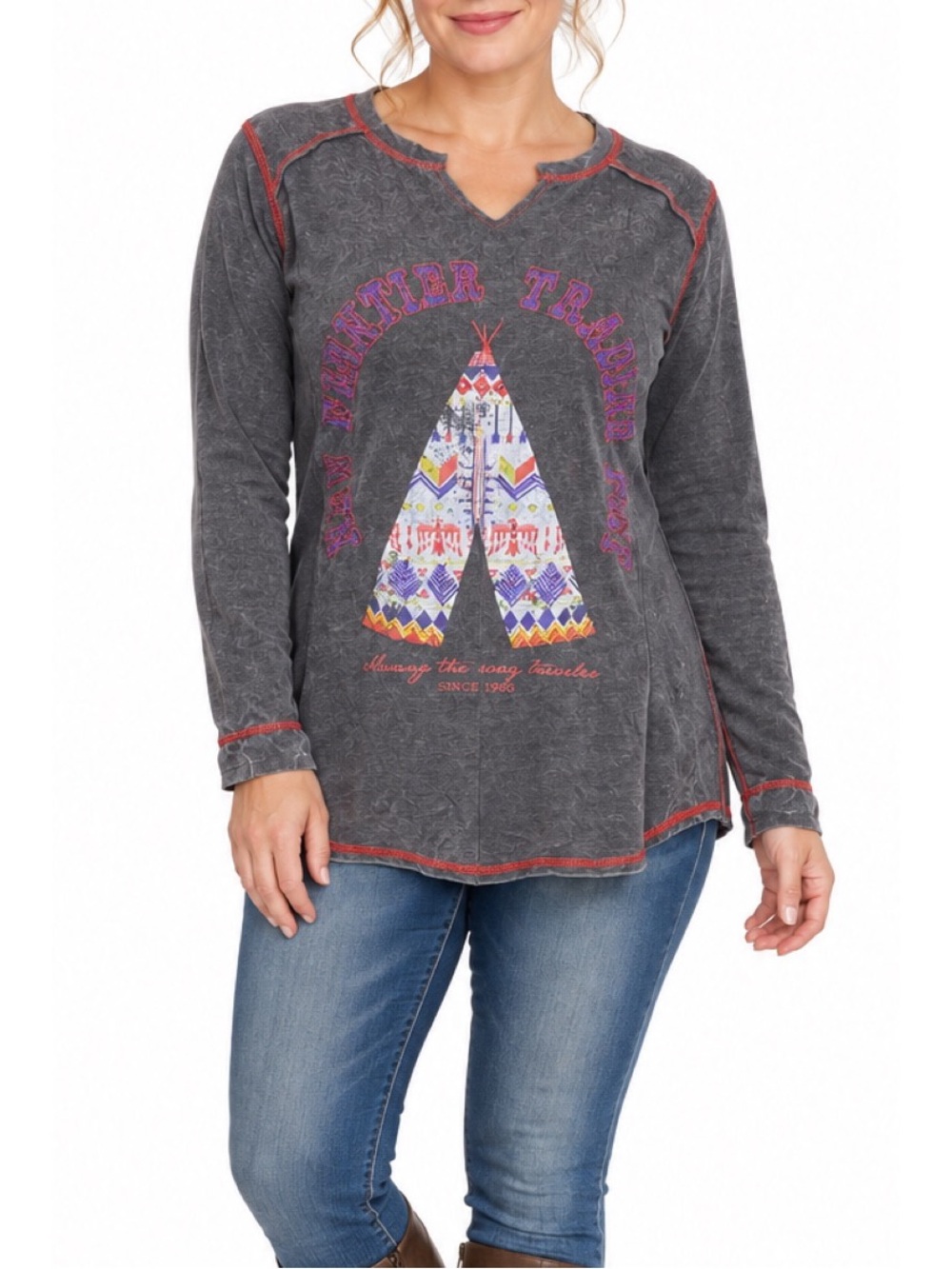 Panhandle brand top is a long-sleeve, western-inspired graphic tee